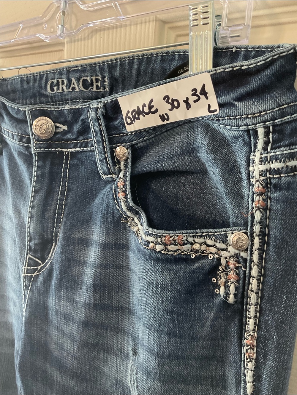 Grace in LA 30x34 Dark Blue Bootcut Jeans with Embroidered Trim